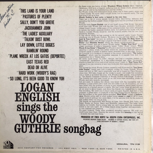 Logan English - Sings The Woody Guthrie Songbag (Vinyl, LP, Album, Mono) Good Plus (G+) / Good (G)
