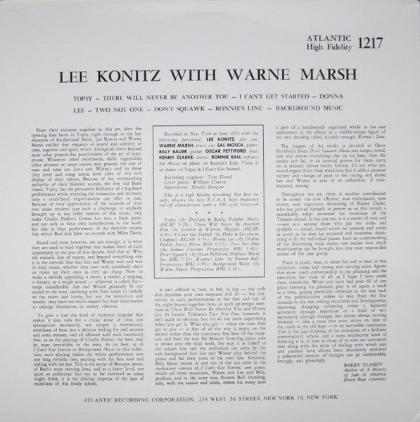 Lee Konitz - Lee Konitz With Warne Marsh (Vinyl, LP, Album, Reissue) Very Good Plus (VG+) / Very Good Plus (VG+)