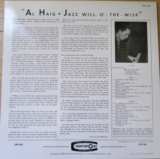 Al Haig - Jazz Will-O-The-Wisp (Vinyl, LP, Album, Reissue) Very Good Plus (VG+) / Very Good Plus (VG+)