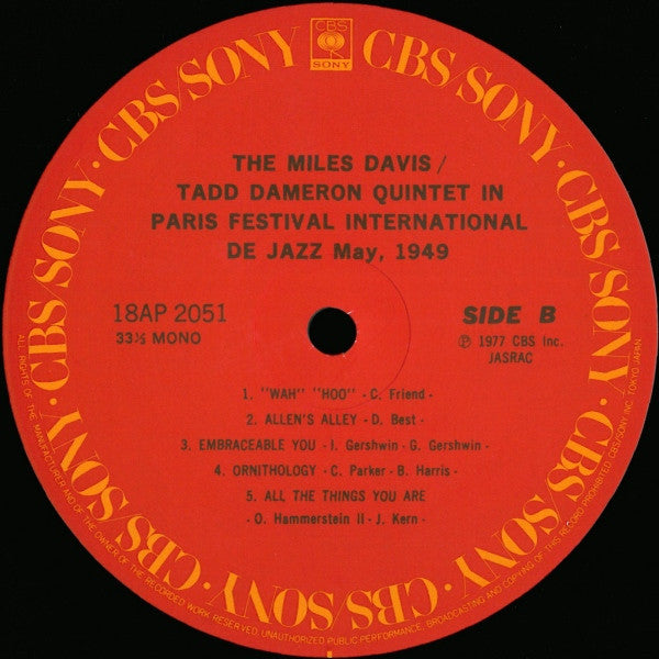Miles Davis-Tadd Dameron Quintet - In Paris Festival International De Jazz - May, 1949 (Vinyl, LP, Album, Mono, Reissue) Very Good Plus (VG+) / Very Good (VG)