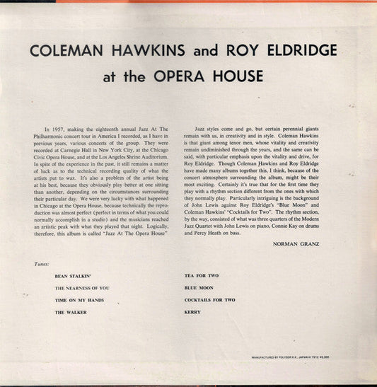Coleman Hawkins - At The Opera House (Vinyl, LP, Album, Reissue, Stereo) Very Good Plus (VG+) / Very Good (VG)