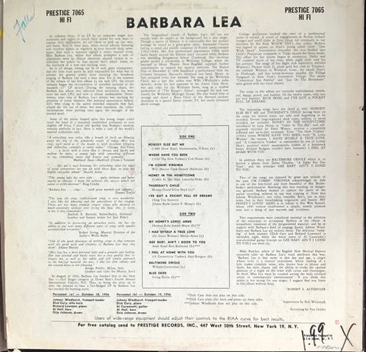 Barbara Lea - Barbara Lea With The Johnny Windhurst Quintets (Vinyl, LP, Album, Mono) Good Plus (G+) / Good Plus (G+)