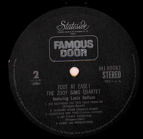 Zoot Sims Quartet - Zoot At Ease (Vinyl, LP, Album, Reissue) Very Good Plus (VG+) / Very Good Plus (VG+)