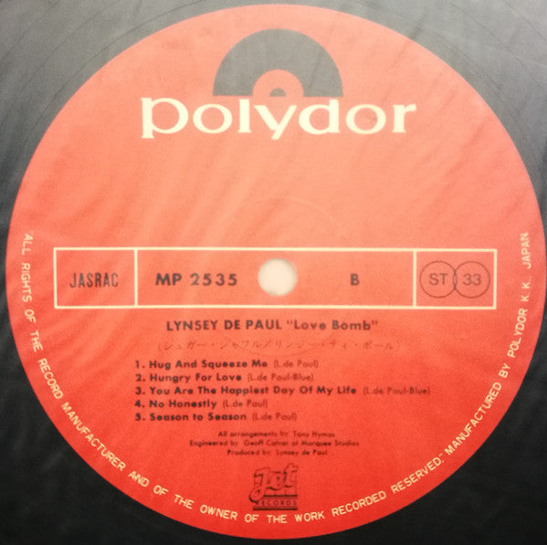 Lynsey De Paul - Love Bomb (Vinyl, LP, Album, Stereo) Very Good Plus (VG+) / Very Good (VG)