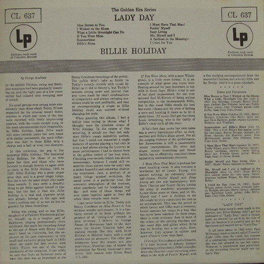 Billie Holiday - Lady Day (Vinyl, LP, Compilation, Reissue, Mono) Very Good (VG) / Very Good (VG)