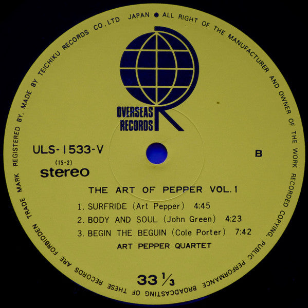 Art Pepper Quartet - The Art Of Pepper Vol. 1 (Vinyl, LP, Album, Reissue, Stereo) Very Good Plus (VG+) / Very Good Plus (VG+)
