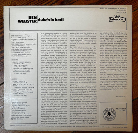 Ben Webster - Duke's In Bed! (Vinyl, LP, Album, Reissue, Stereo) Very Good Plus (VG+) / Very Good (VG)