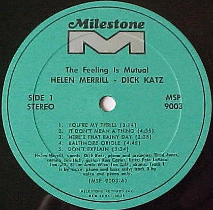 Helen Merrill - The Feeling Is Mutual (Vinyl, LP, Album, Stereo) Very Good (VG) / Good Plus (G+)