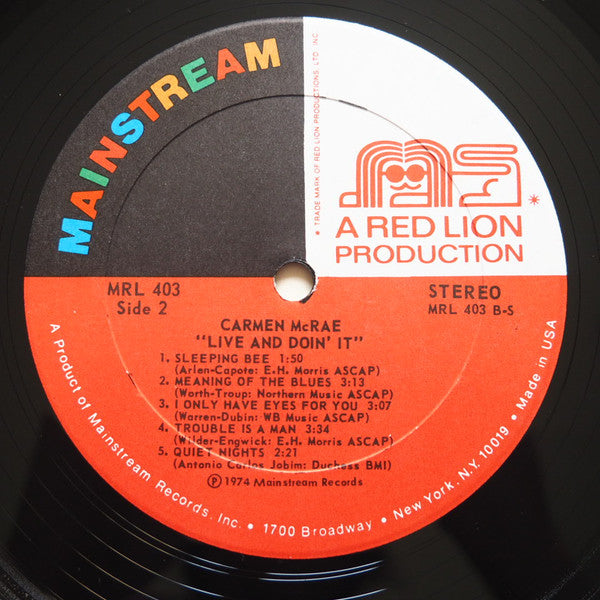 Carmen McRae - Live And Doin' It (Vinyl, LP, Album) Very Good (VG) / Good Plus (G+)