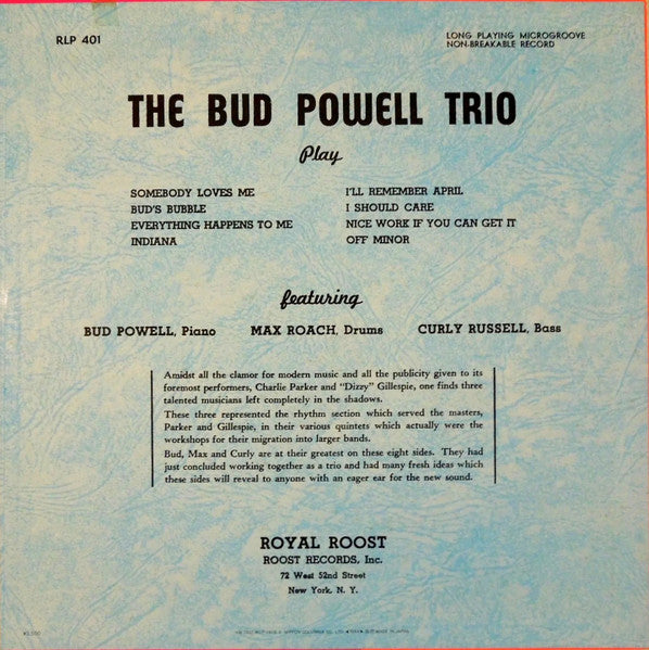 The Bud Powell Trio - The Bud Powell Trio (Vinyl, LP, Compilation, Reissue, Mono) Very Good Plus (VG+) / Good Plus (G+)
