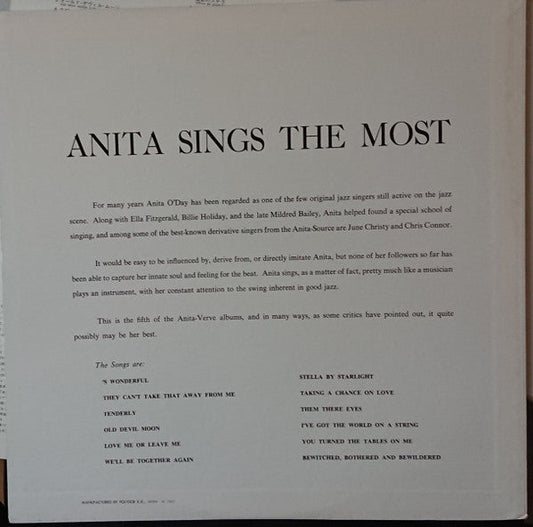 Anita O'Day - Anita Sings The Most (Vinyl, LP, Album, Reissue, Mono) Very Good (VG) / Good Plus (G+)