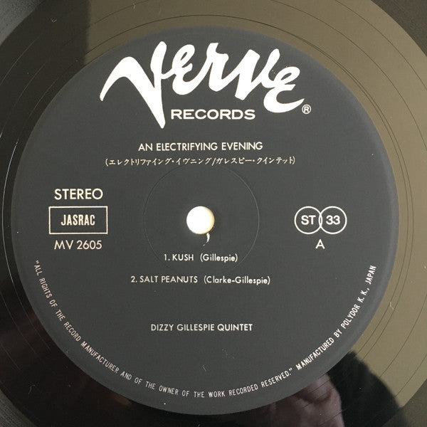 Dizzy Gillespie Quintet - An Electrifying Evening With The Dizzy Gillespie Quintet - Recorded Live In Concert (Vinyl, LP, Album, Reissue) Very Good Plus (VG+) / Very Good Plus (VG+)