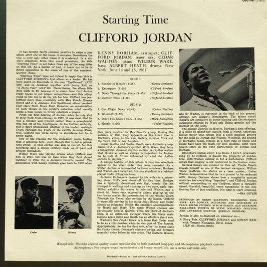 Clifford Jordan - Starting Time (Vinyl, LP, Album, Stereo, Reissue) Good Plus (G+) / Very Good Plus (VG+)