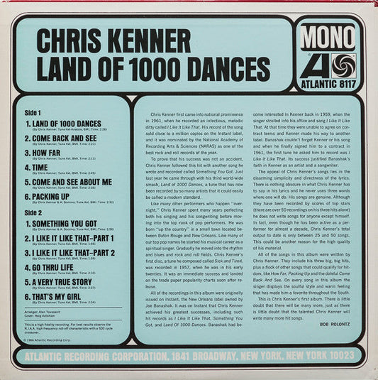 Chris Kenner - Land Of 1000 Dances (Vinyl, LP, Album, Compilation, Reissue, Mono) Very Good Plus (VG+) / Very Good (VG)