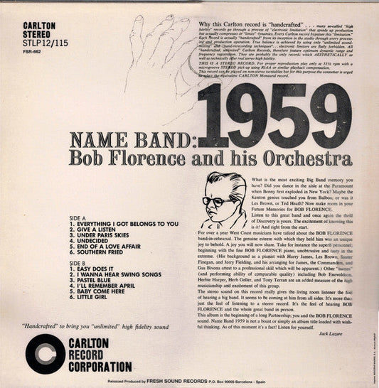 Bob Florence And His Orchestra - Name Band: 1959 (Vinyl, LP, Album, Reissue) Very Good (VG) / Good Plus (G+)