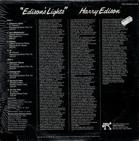 Harry Edison - Edison's Lights (Vinyl, LP, Album, Stereo) Very Good Plus (VG+) / Very Good (VG)