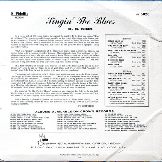 B.B. King - Singin' The Blues (Vinyl, LP, Compilation, Limited Edition, Reissue, Mono) Very Good Plus (VG+) / Very Good (VG)