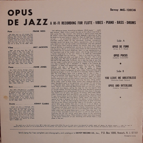 Milt Jackson - Opus De Jazz (Vinyl, LP, Album, Reissue, Mono) Very Good Plus (VG+) / Good Plus (G+)