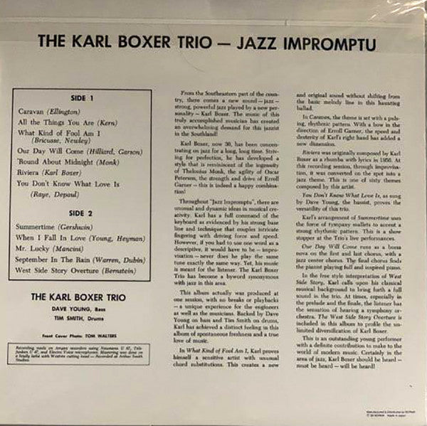 Karl Boxer Trio - Jazz Impromptu (Vinyl, LP, Album, Reissue, Mono) Very Good Plus (VG+) / Very Good Plus (VG+)