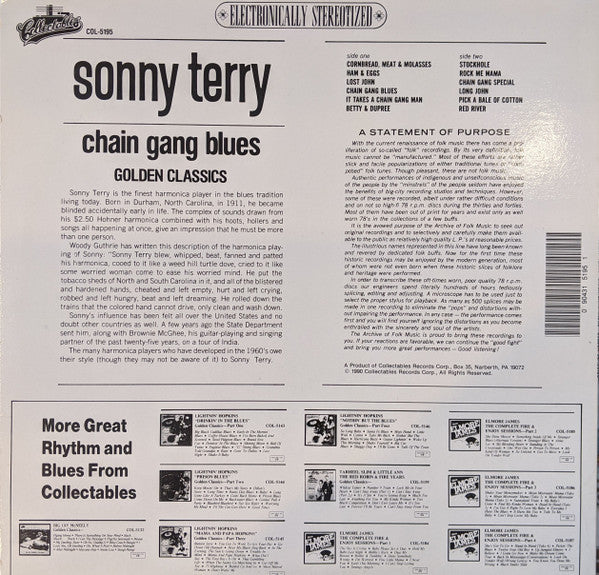 Sonny Terry - Chain Gang Blues (Vinyl, LP, Compilation, Reissue, Stereo) Very Good Plus (VG+) / Very Good Plus (VG+)