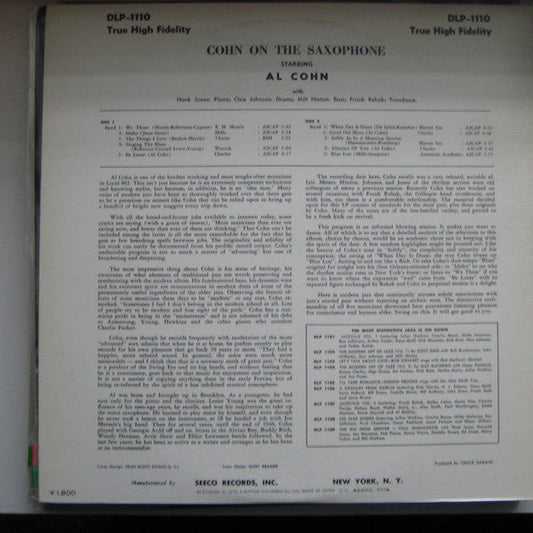 Al Cohn Quintet - Cohn On The Saxophone (Vinyl, LP, Album, Mono, Reissue) Very Good Plus (VG+) / Very Good (VG)