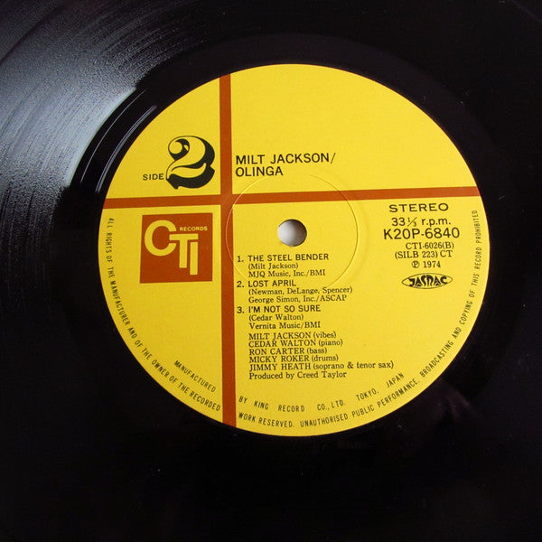 Milt Jackson - Olinga (Vinyl, LP, Album, Reissue) Very Good Plus (VG+) / Very Good Plus (VG+)