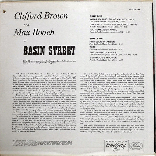 Clifford Brown And Max Roach - At Basin Street (Vinyl, LP, Album, Mono) Good Plus (G+) / Very Good Plus (VG+)