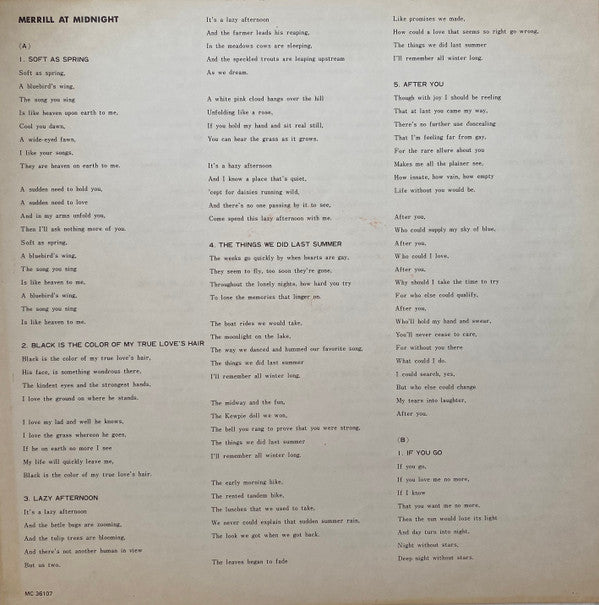 Helen Merrill - Merrill At Midnight (Vinyl, LP, Album, Mono) Very Good (VG) / Good Plus (G+)