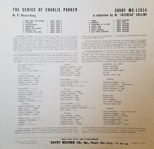 Charlie Parker - The Genius of Charlie Parker (Vinyl, LP, Mono) Very Good Plus (VG+) / Very Good Plus (VG+)