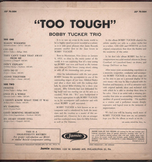 Bobby Tucker Trio - Too Tough (Vinyl, LP, Album) Good Plus (G+) / Good Plus (G+)
