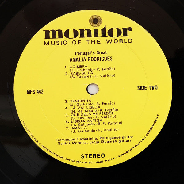 Amália Rodrigues - Portugal's Great Amalia Rodrigues (Vinyl, LP, Album, Remastered, Stereo) Good Plus (G+) / Very Good (VG)