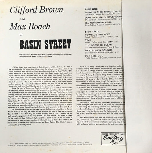 Clifford Brown And Max Roach - At Basin Street (Vinyl, LP, Album, Reissue, Mono) Very Good Plus (VG+) / Very Good (VG)