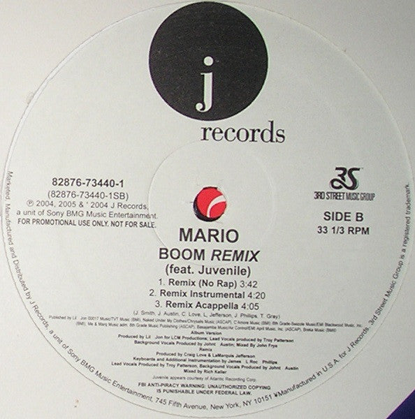 Mario - Boom (Remix) (Vinyl, 12", Promo) Very Good Plus (VG+) / Very Good Plus (VG+)