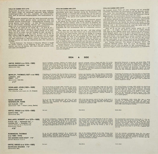 Bengt Ericson - Ortiz, Morley, Dowland, Rauh, Newsidler, Ballard, Robinson, Abel, De Caix D'Hervelois (Vinyl, LP, Reissue, Stereo) Very Good (VG) / Very Good Plus (VG+)