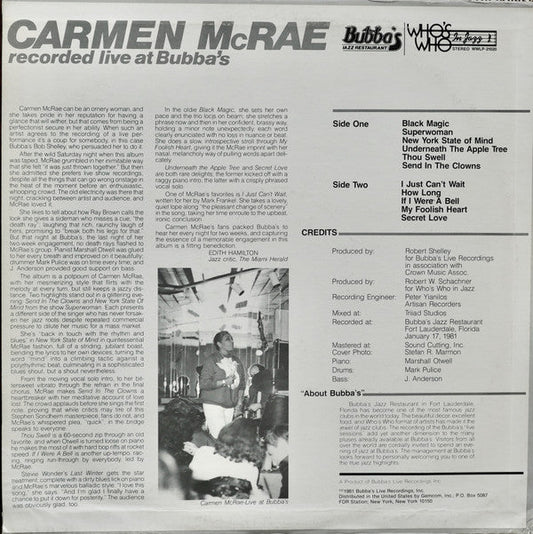 Carmen McRae - Recorded Live At Bubba's (Vinyl, LP, Album) Very Good Plus (VG+) / Very Good (VG)