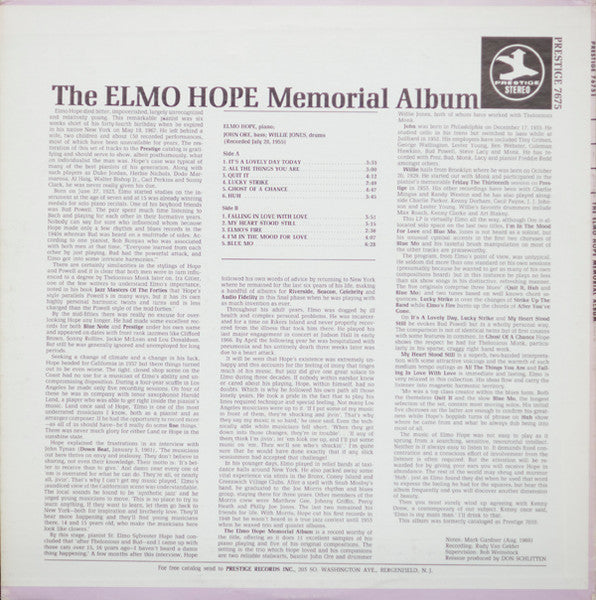 Elmo Hope - The Elmo Hope Memorial Album (Vinyl, LP, Album, Reissue, Remastered, Stereo) Very Good (VG) / Very Good Plus (VG+)