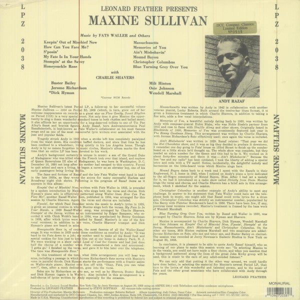 Maxine Sullivan And Her Jazz All-Stars - A Tribute To Andy Razaf - Music By Fats Waller And Others (Vinyl, LP, Album, Limited Edition, Numbered, Reissue, Remastered, Mono) Near Mint (NM or M-) / Near Mint (NM or M-)