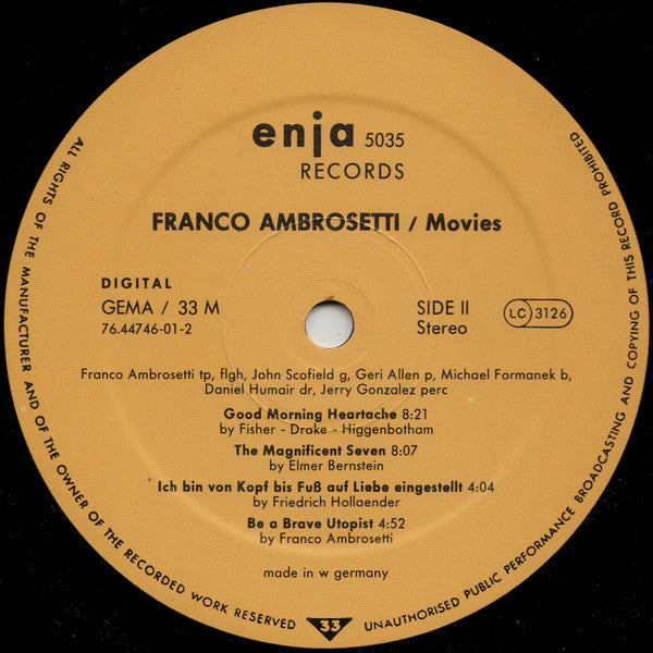 Franco Ambrosetti - Movies (Vinyl, LP, Album, Stereo) Very Good Plus (VG+) / Very Good (VG)