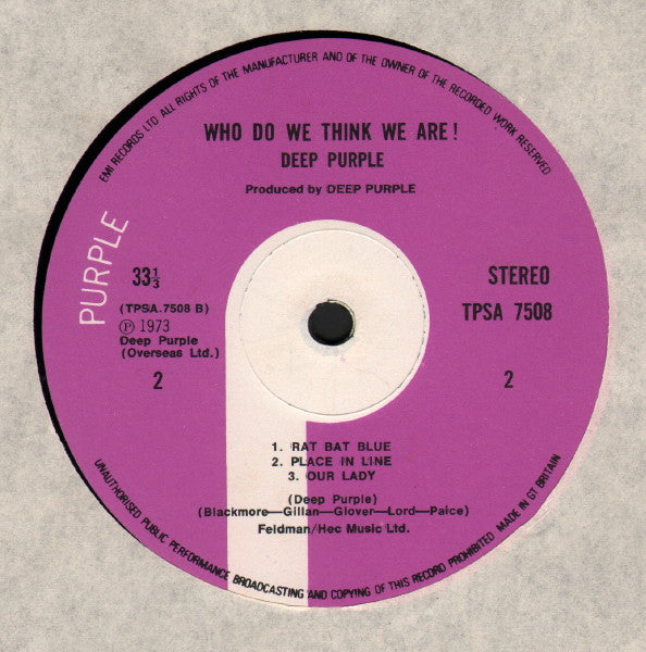 Deep Purple - Who Do We Think We Are (Vinyl, LP, Album, Reissue) Very Good (VG) / Good (G)
