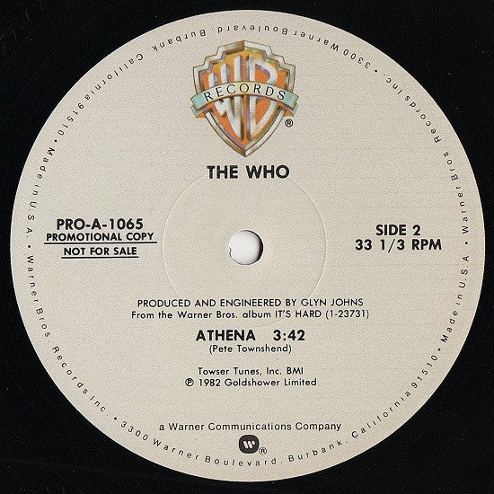 The Who - Athena (Vinyl, 12", 33 ⅓ RPM, Single, Promo) Very Good Plus (VG+) / Very Good (VG)