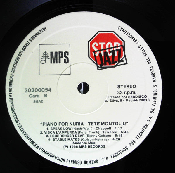 Tete Montoliu - Piano For Nuria (Vinyl, LP, Album, Reissue) Very Good (VG) / Very Good Plus (VG+)