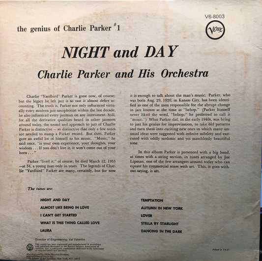 Charlie Parker And His Orchestra - Night And Day (Vinyl, LP, Compilation, Reissue, Stereo) Near Mint (NM or M-) / Good Plus (G+)