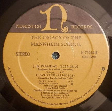 Carl Stamitz - The Legacy Of The Mannheim School (Vinyl, LP, Album, Repress, Stereo) Very Good (VG) / Good Plus (G+)