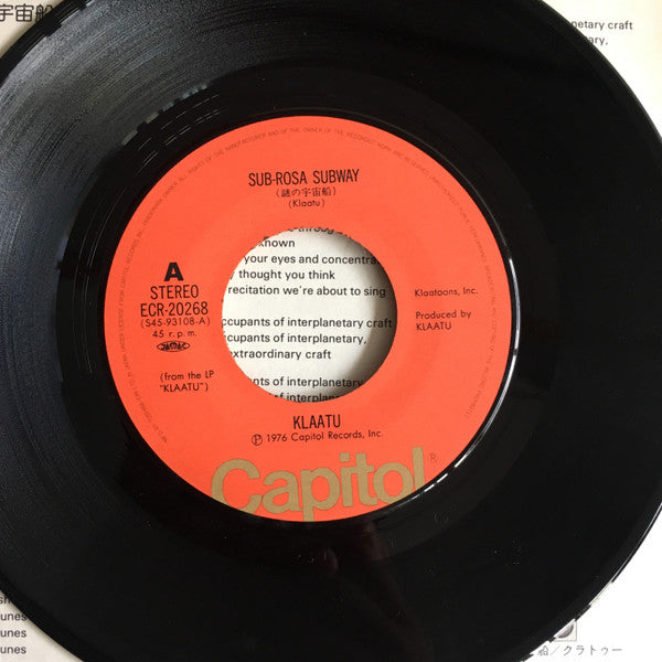 Klaatu - Sub-Rosa Subway (Vinyl, 7", 45 RPM, Single) Very Good Plus (VG+) / Very Good (VG)