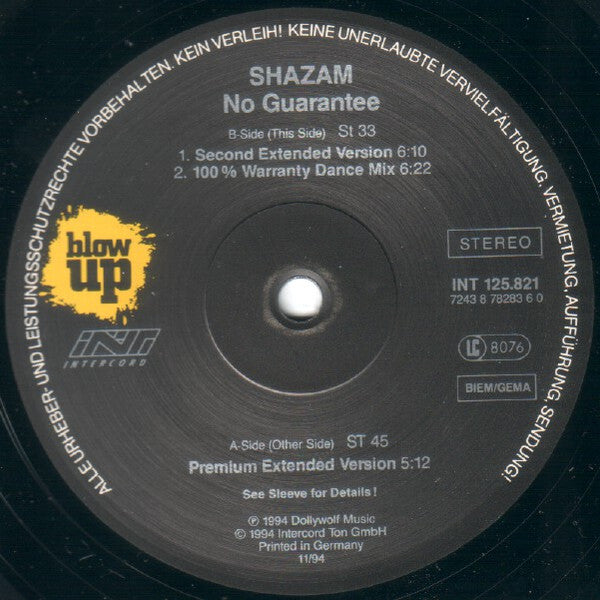 Shazam - No Guarantee (Vinyl, 12", 33 ⅓ RPM, 45 RPM, Stereo) Good Plus (G+) / Good Plus (G+)