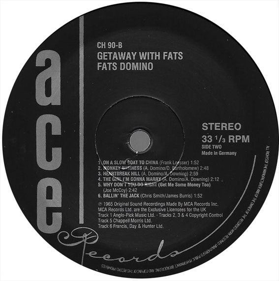 Fats Domino - Getaway With Fats Domino (Vinyl, LP, Stereo) Very Good (VG) / Good Plus (G+)