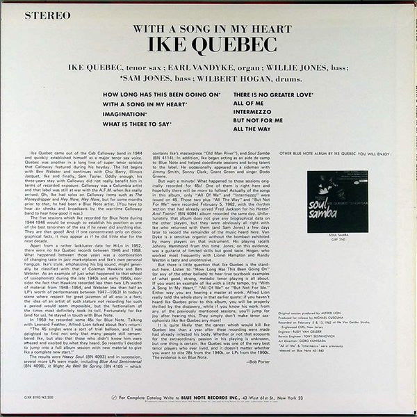 Ike Quebec - With A Song In My Heart (Vinyl, LP, Album, Reissue) Very Good Plus (VG+) / Good (G)