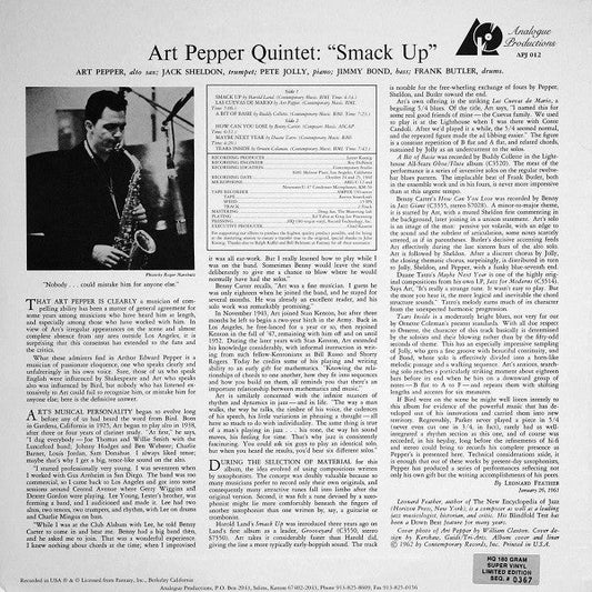 Art Pepper Quintet - Smack Up (Vinyl, LP, Album, Limited Edition, Numbered, Reissue, Stereo) Very Good Plus (VG+) / Near Mint (NM or M-)