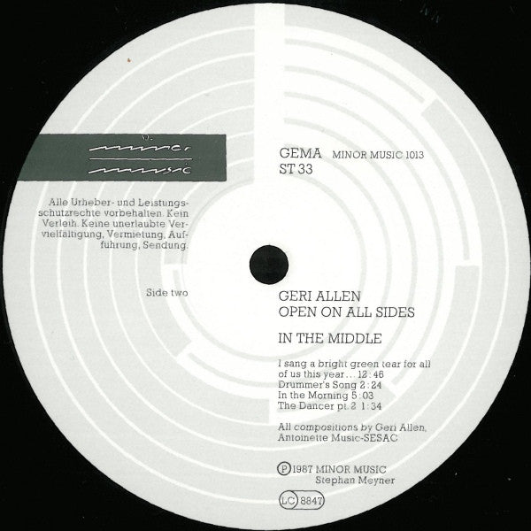 Geri Allen - Open On All Sides In The Middle (Vinyl, LP, Album) Near Mint (NM or M-) / Very Good Plus (VG+)