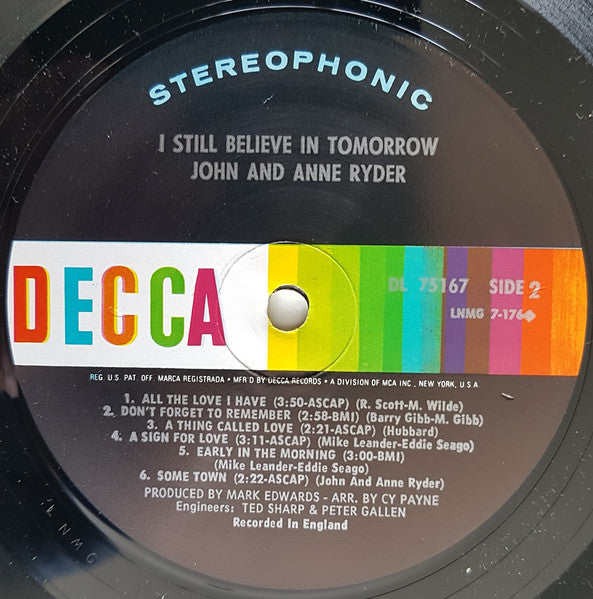 John & Anne Ryder - I Still Believe In Tomorrow (Vinyl, LP, Album, Stereo) Very Good (VG) / Very Good Plus (VG+)